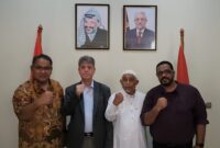 Dari kiri ke kanan: Ketua Umum JMSI Teguh Santosa, Dubes Palestina Zuhair Al Shun, Ketua GNPF Ulama OKU Alikhan Ibrahim, dan tokoh masyarakat OKU di Jakarta Usman Rizal.