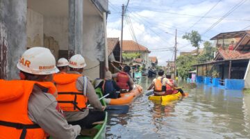 Tim SAR Batalyon A Pelopor Evakuasi Warga Dayeuh Kolot Yang Terendam Banjir.